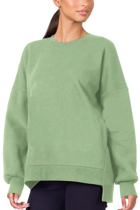 Grass Green Plain Drop Shoulder High Low Sweatshirt Sweatshirts & Hoodies JT's Designer Fashion