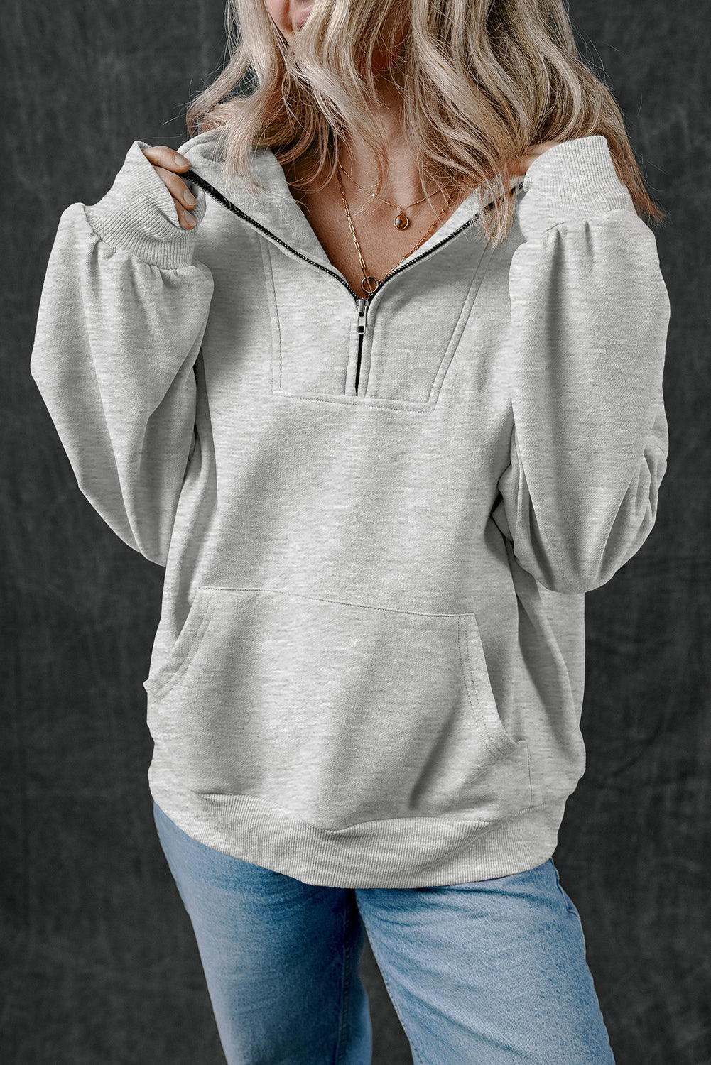 Light Grey Zip-up Stand Neck Kangaroo Pocket Sweatshirt Sweatshirts & Hoodies JT's Designer Fashion