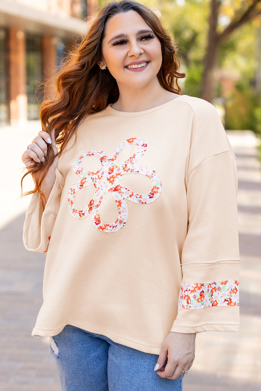 Beige Plus Size Flower Patched Side Slits Crewneck Top Plus Size Tops & Tees JT's Designer Fashion