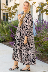 Black Plus Size Floral Printed Puff Sleeve Collared Maxi Dress Plus Size Maxi Dresses JT's Designer Fashion
