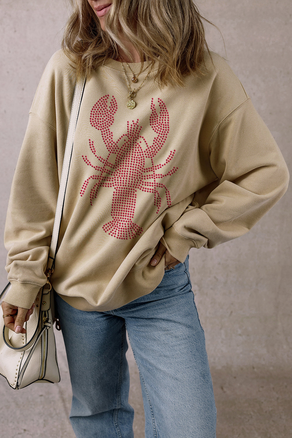 Parchment Rhinestone Crawfish Graphic Crewneck Oversized Sweatshirt Graphic Sweatshirts JT's Designer Fashion