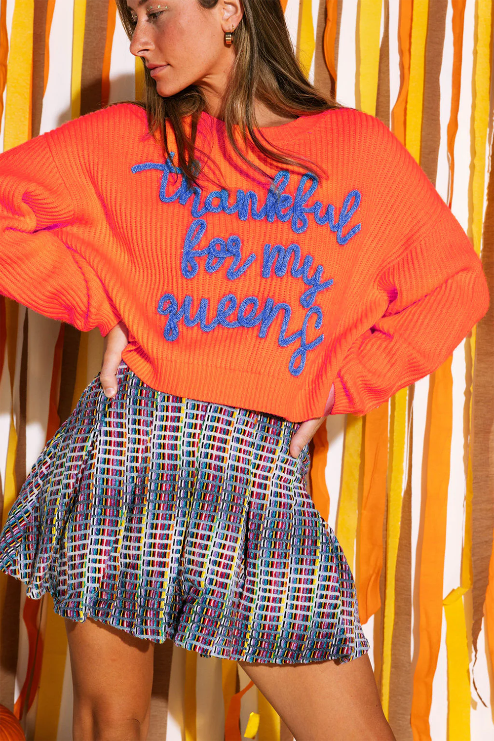 Vitality Orange Thankful for my queens Ribbed Knit Drop Shoulder Graphic Sweater Sweaters JT's Designer Fashion