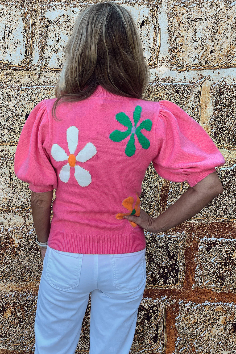 Bright Pink Floral Bubble Short Sleeve Sweater Sweaters & Cardigans JT's Designer Fashion