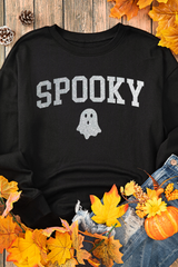 Black Glitter SPOOKY Ghost Pattern Crew Neck Halloween Sweatshirt Graphic Sweatshirts JT's Designer Fashion