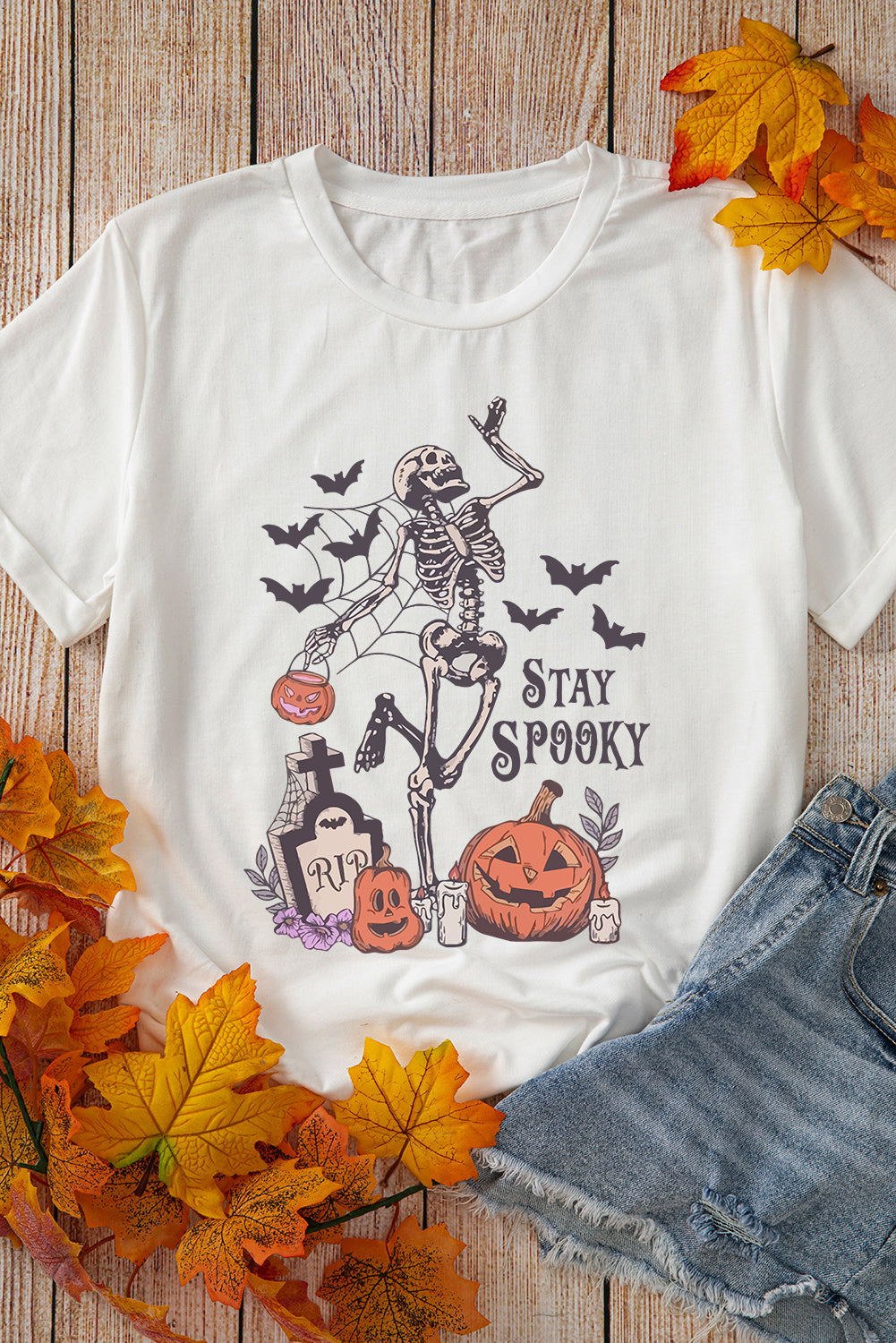 White Skull Pumpkin Face STAY SPOOKY Graphic Halloween T Shirt Graphic Tees JT's Designer Fashion