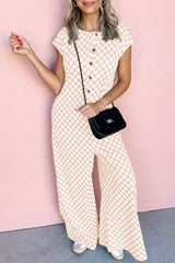 Apricot Checkered Print Buttoned Crew Neck Wide Leg Jumpsuit Apricot 95%Polyester+5%Elastane Jumpsuits & Rompers JT's Designer Fashion
