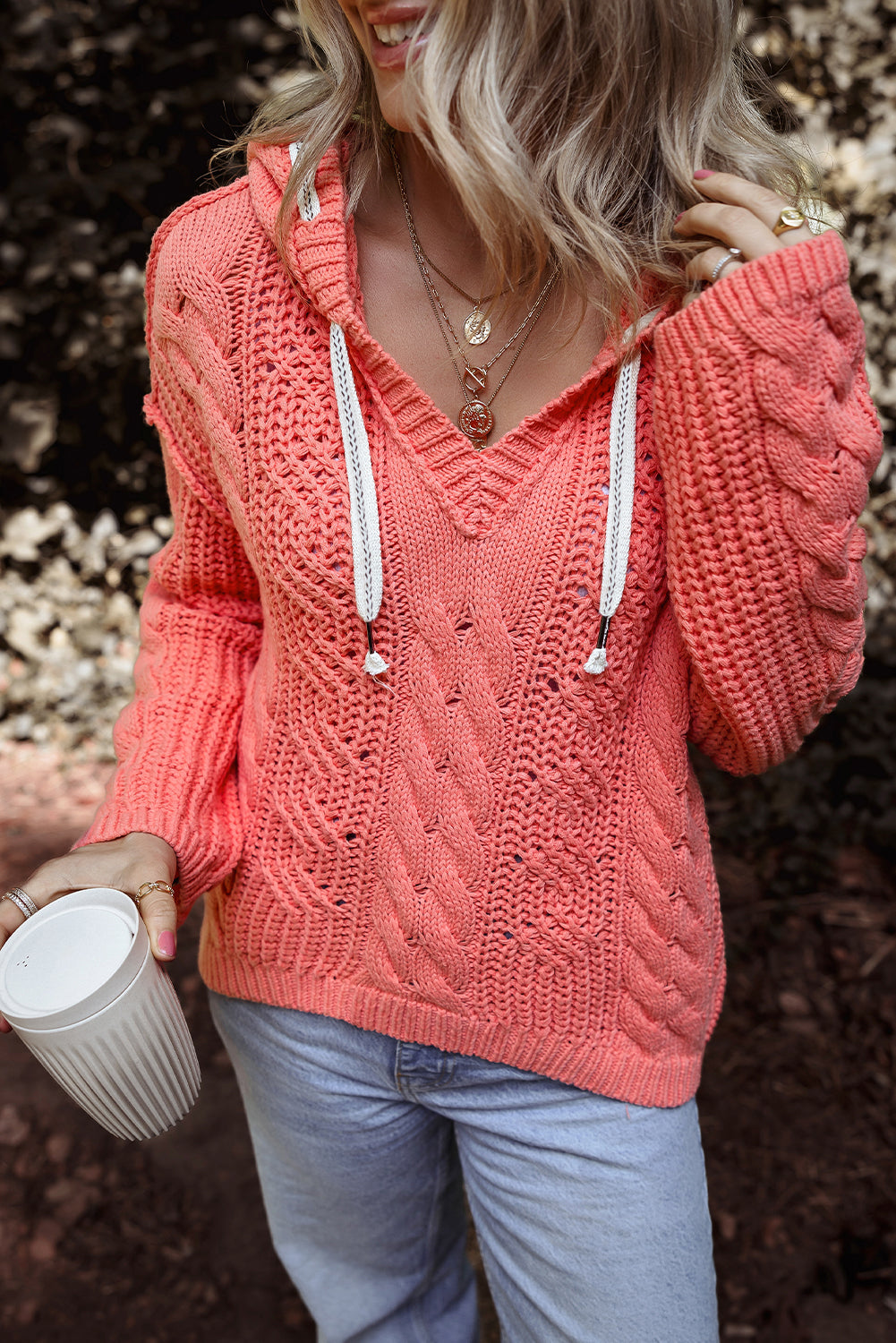 Gold Flame Cable Knit V Neck Contrast Drawstring Hooded Sweater Sweaters JT's Designer Fashion