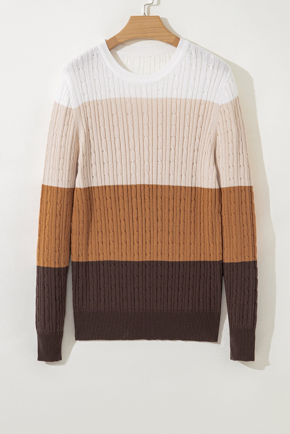 Khaki Colorblock Cable Knit Round Neck Sweater Sweaters JT's Designer Fashion