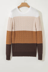 Khaki Colorblock Cable Knit Round Neck Sweater Sweaters JT's Designer Fashion