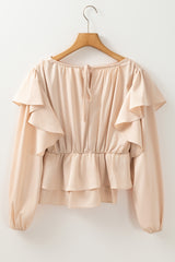Oatmeal Lace-up Keyhole Back Ruffled Peplum Blouse Blouses & Shirts JT's Designer Fashion