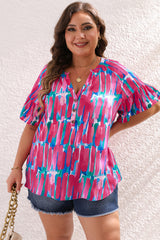 Rose Plus Brushstroke Ruffle Sleeve Button V Neck Blouse Plus Size JT's Designer Fashion