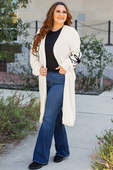 Beige Flower Embroidered Drop Shoulder Open Front Duster Cardigan Cardigans JT's Designer Fashion