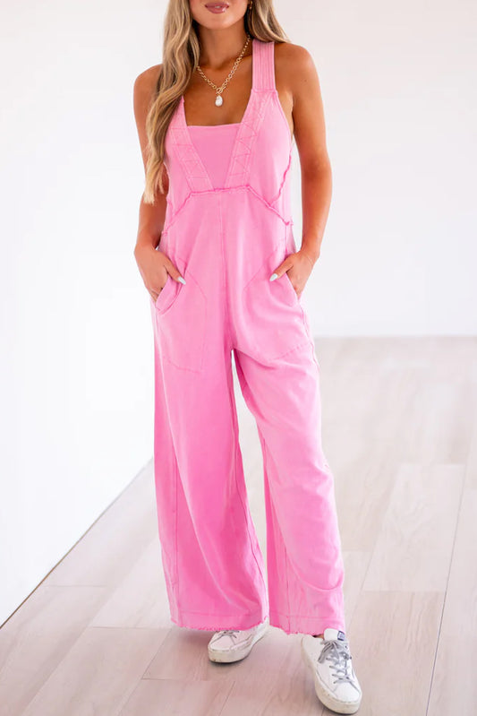 Bonbon Mineral Wash Raw Seam Patchwork Wide Leg Loose Jumpsuit Jumpsuits & Rompers JT's Designer Fashion