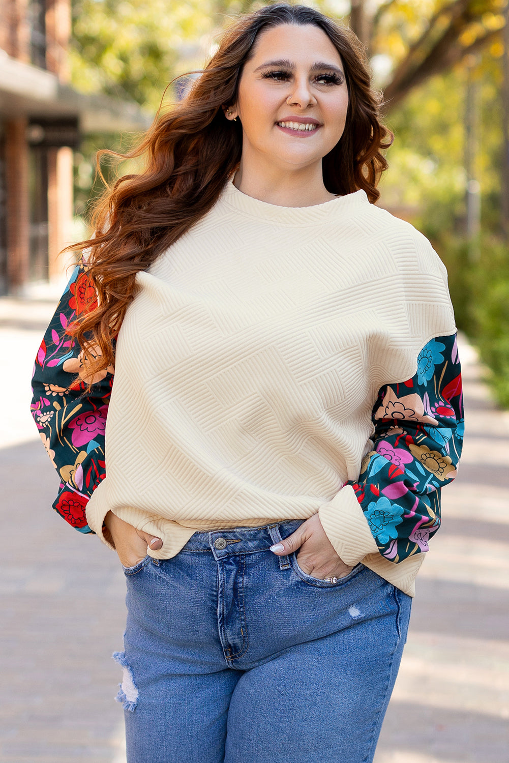 White Floral Patchwork Sleeve Textured Plus Size Pullover Top Plus Size Long Sleeve Tops JT's Designer Fashion