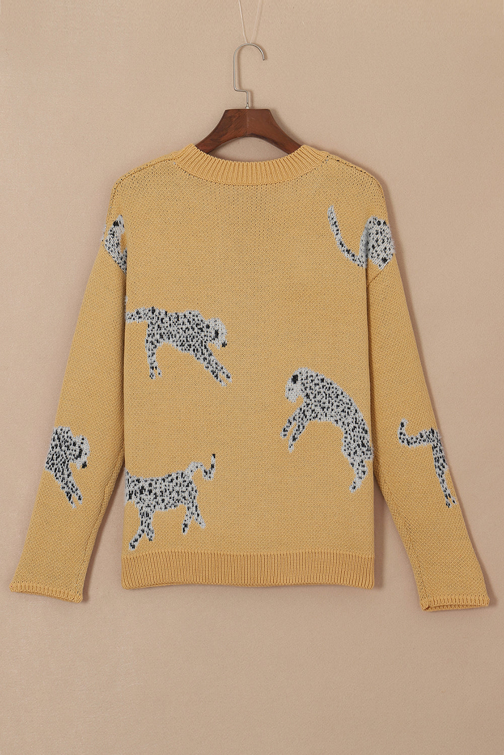 Camel Fuzzy Cheetah Accent Round Neck Sweater Sweaters & Cardigans JT's Designer Fashion