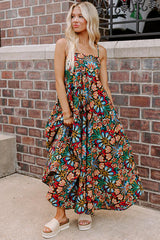 Black Boho Floral Print Thin Straps Sleeveless High Waist Maxi Dress Floral Dresses JT's Designer Fashion