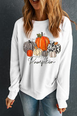 Beige Rhinestone Pumpkin Graphic Crewneck Thanksgiving Sweatshirt Graphic Sweatshirts JT's Designer Fashion