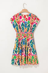 Sky Blue Abstract Print V Neck Dolman Sleeve Ruffle Tiered Mini Dress Dresses JT's Designer Fashion