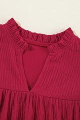 Fiery Red Textured Ruffled Trim V Neck Loose Fit Mini Dress Mini Dresses JT's Designer Fashion