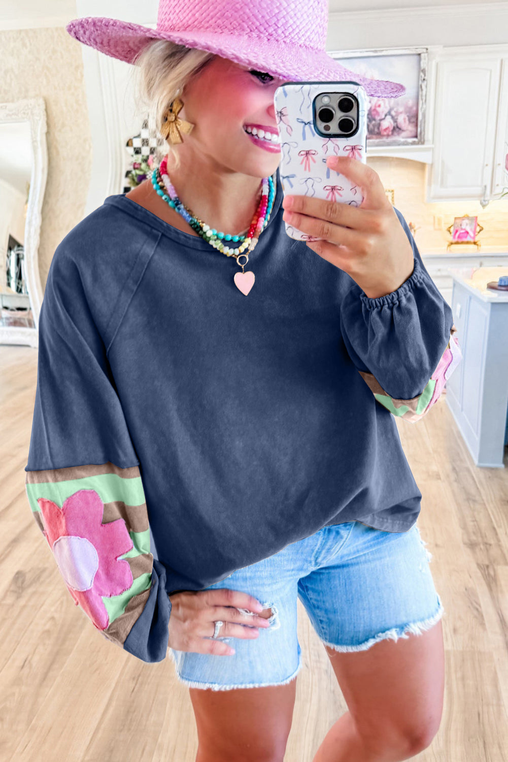 Sail Blue Flower Patchwork Raglan Sleeve Exposed Seam Oversized Top Long Sleeve Tops JT's Designer Fashion