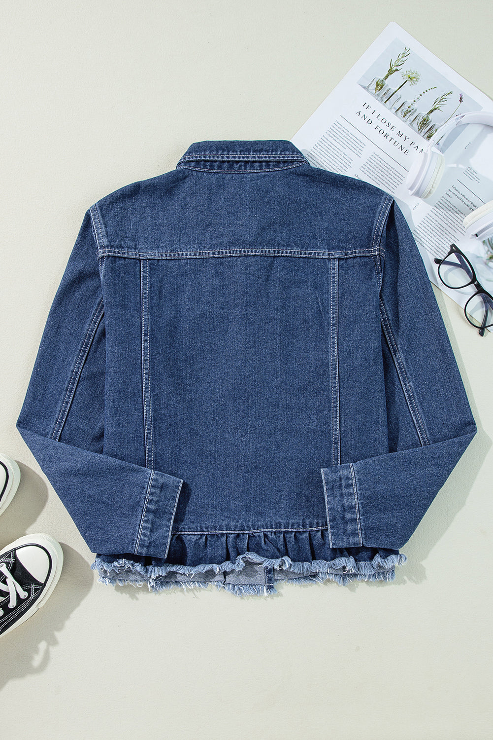 Navy Blue Ruffle Raw Hem Flap Pockets Denim Jacket Denim Jackets JT's Designer Fashion