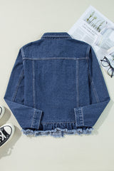 Navy Blue Ruffle Raw Hem Flap Pockets Denim Jacket Denim Jackets JT's Designer Fashion