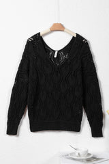 Black Crochet Knit Ribbed Hem Hollow-out Sweater Sweaters JT's Designer Fashion