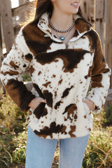 Zip Collar Cow Print Fleece Sweatshirt Sweatshirts & Hoodies JT's Designer Fashion
