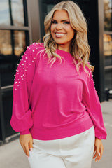 Strawberry Pink Pearled Decor Raglan Sleeve Plus Size Sweater Plus Size Sweaters & Cardigans JT's Designer Fashion