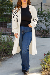 Beige Flower Embroidered Drop Shoulder Open Front Duster Cardigan Cardigans JT's Designer Fashion