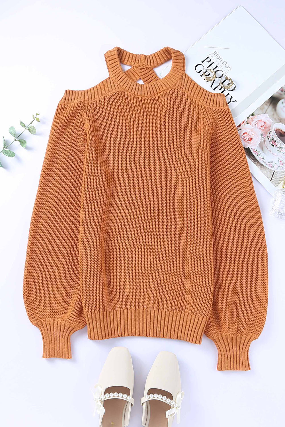 Brown Crew Neck Cold Shoulder Hollow-out Back Sweater Sweaters & Cardigans JT's Designer Fashion