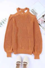 Brown Crew Neck Cold Shoulder Hollow-out Back Sweater Sweaters & Cardigans JT's Designer Fashion