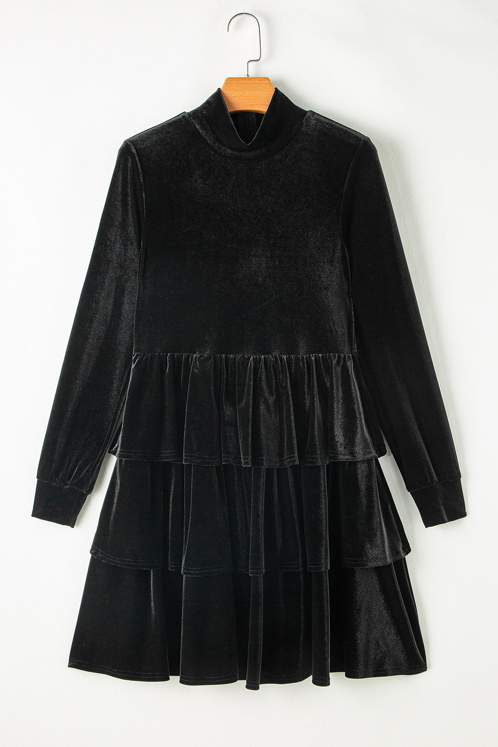Black Velvet High Neck Tiered Ruffle Mini Dress Mini Dresses JT's Designer Fashion