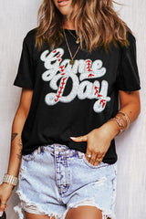 Black Sequin Game Day Graphic Crew Neck Tee Graphic Tees JT's Designer Fashion