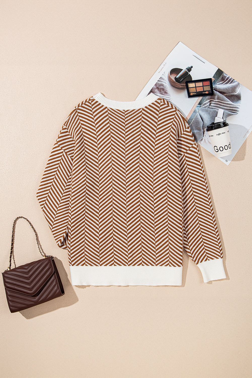 Coffee Contrast Edge Crew Neck Drop Shoulder Sweater Sweaters JT's Designer Fashion
