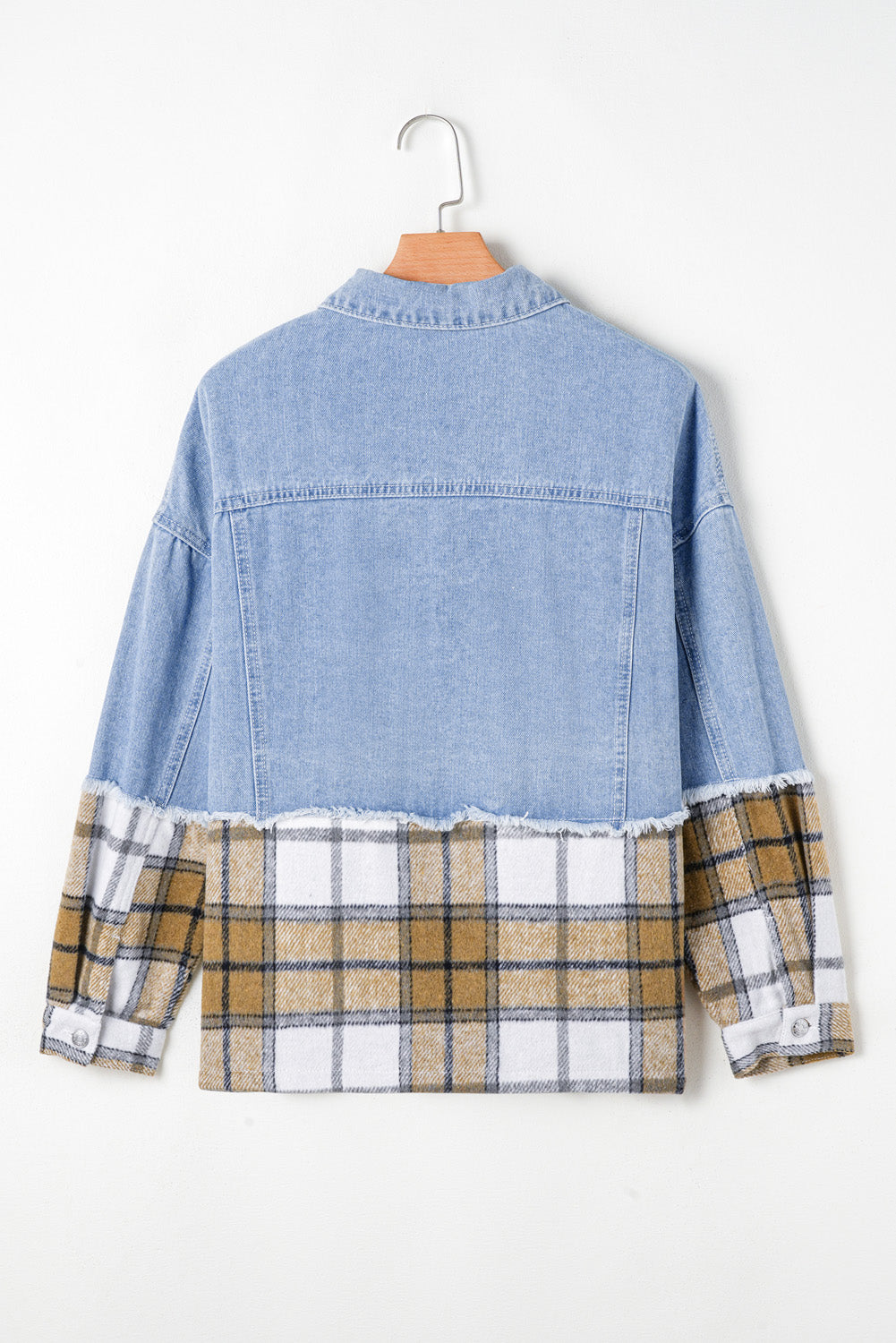 Khaki Plaid Patchwork Buttoned Oversized Denim Jacket Denim Jackets JT's Designer Fashion