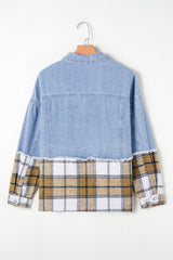 Khaki Plaid Patchwork Buttoned Oversized Denim Jacket Denim Jackets JT's Designer Fashion