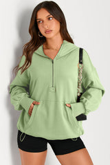 Smoke Green Solid Kangaroo Pocket Half Zipper Oversized Hoodie Sweatshirts & Hoodies JT's Designer Fashion