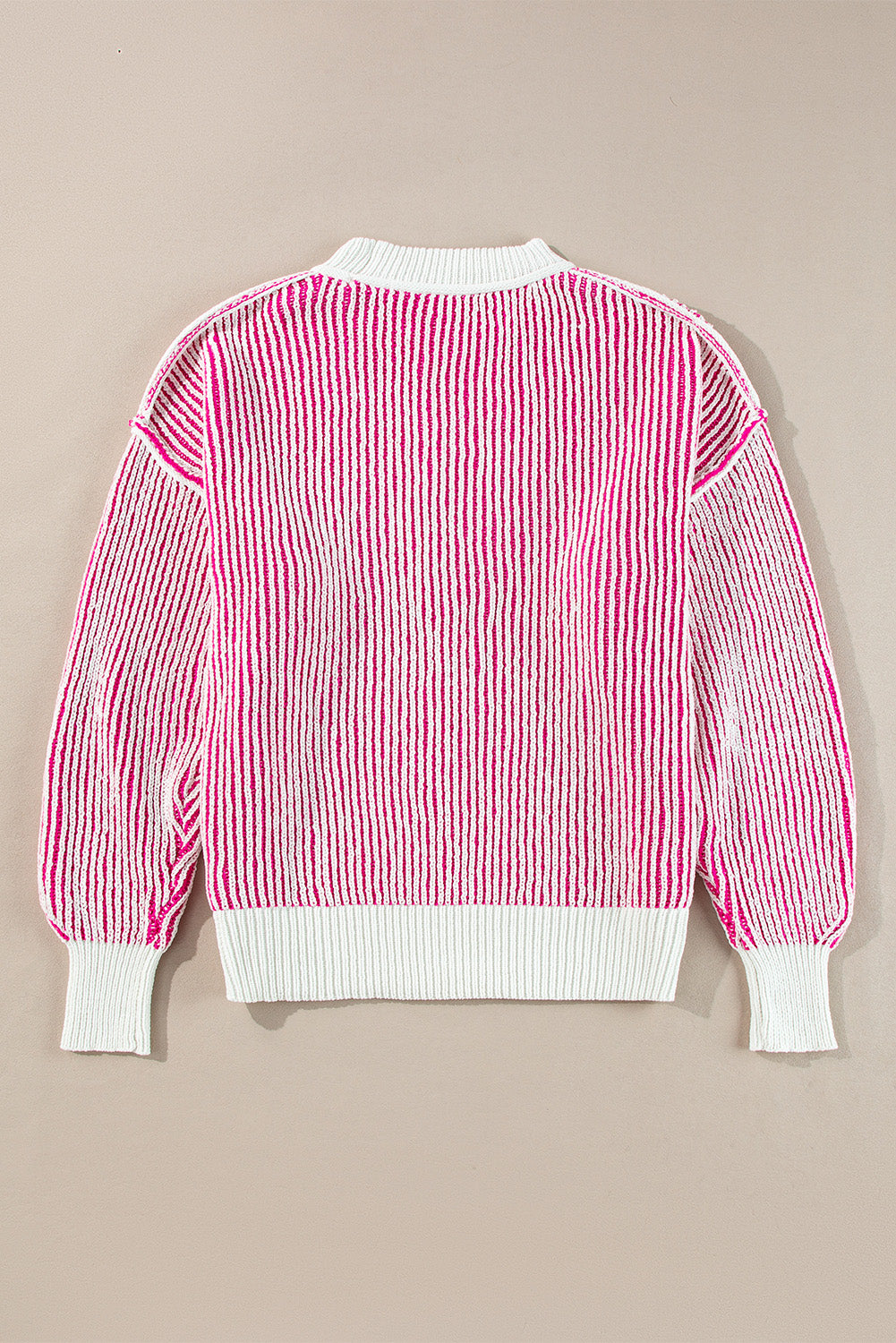 Bright Pink Striped Textured Knit Contrast Edge Loose Sweater Sweaters JT's Designer Fashion