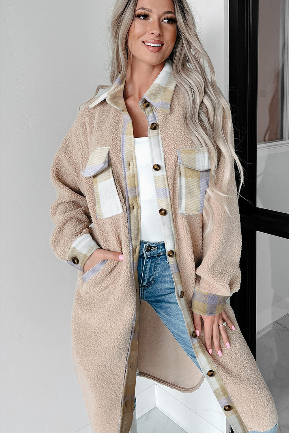 Smoke Gray Plaid Patchwork Collared Button-up Sherpa Long Coat Coats JT's Designer Fashion