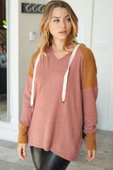 Brown Waffle Knit Patchwork Drawstring V Neck Hoodie Sweatshirts & Hoodies JT's Designer Fashion