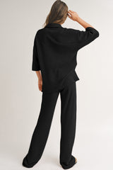 Black Solid Color Textured Buttoned Shirt and Casual Pants Set Pant Sets JT's Designer Fashion