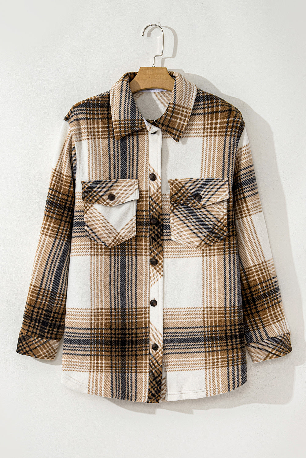 Multicolour Plaid Print Flap Pocket Button Up Shacket Plaid Shackets JT's Designer Fashion