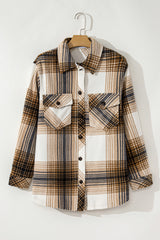 Multicolour Plaid Print Flap Pocket Button Up Shacket Plaid Shackets JT's Designer Fashion
