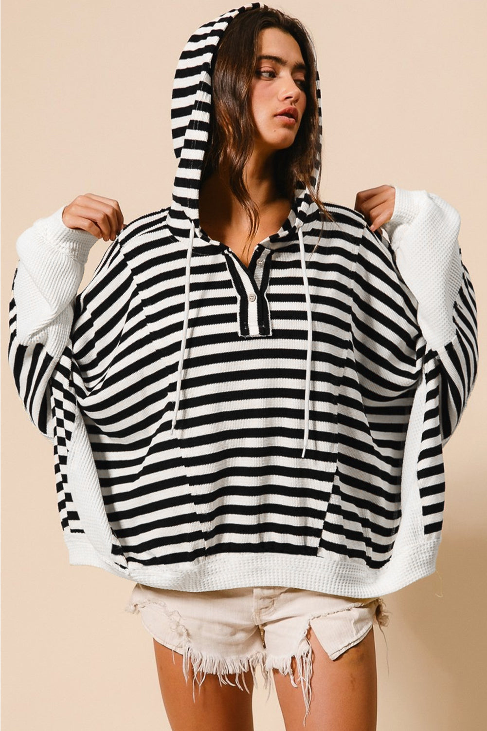 Black white Oversized Striped Henley Buttons Dolman Sleeve Hooded Top Long Sleeve Tops JT's Designer Fashion