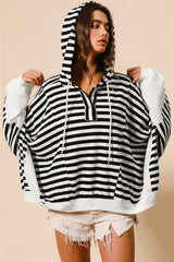 Black white Oversized Striped Henley Buttons Dolman Sleeve Hooded Top Long Sleeve Tops JT's Designer Fashion