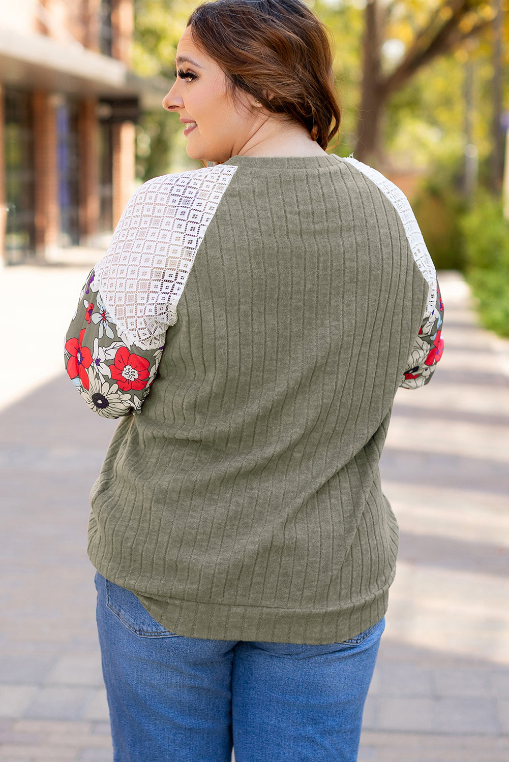 Vineyard Green Plus Size Textured Floral Patchwork Raglan Sleeve Blouse Plus Size Blouses & Shirts JT's Designer Fashion