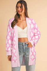 Pink Rhombus Pattern Knit Open Front Pocketed Cardigans Cardigans JT's Designer Fashion