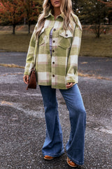 Sage Green Plaid Print Buttoned Flap Pockets Baggy Shacket Plaid Shackets JT's Designer Fashion