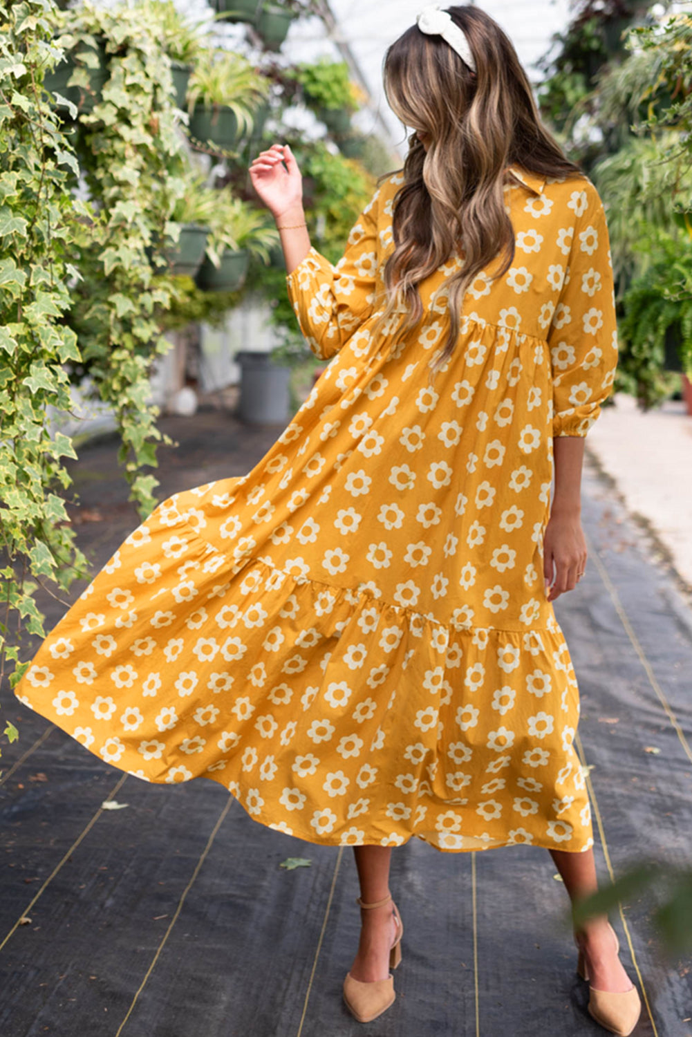 Yellow Flower Print Bracelet Sleeve Buttons Collared Long Dress Maxi Dresses JT's Designer Fashion